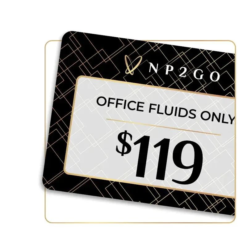 Price tag for office fluids, $119, with black and white design and text indicating 'Office Fluids Only'.