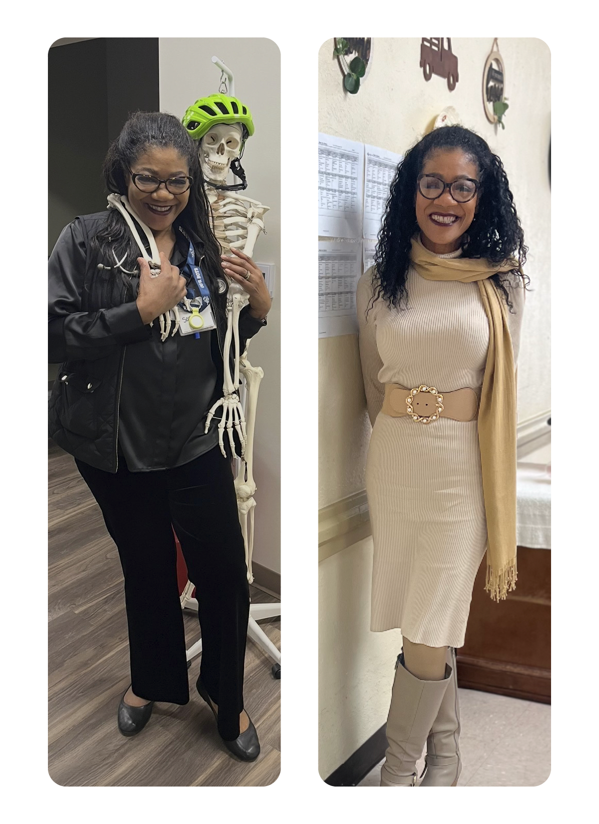 Two women with dark curly hair, glasses, and bright lipstick are shown in separate photos. The woman on the left is wearing black pants, a black jacket, and gray shoes, standing next to a human skeleton model dressed with a neon green helmet. The wom