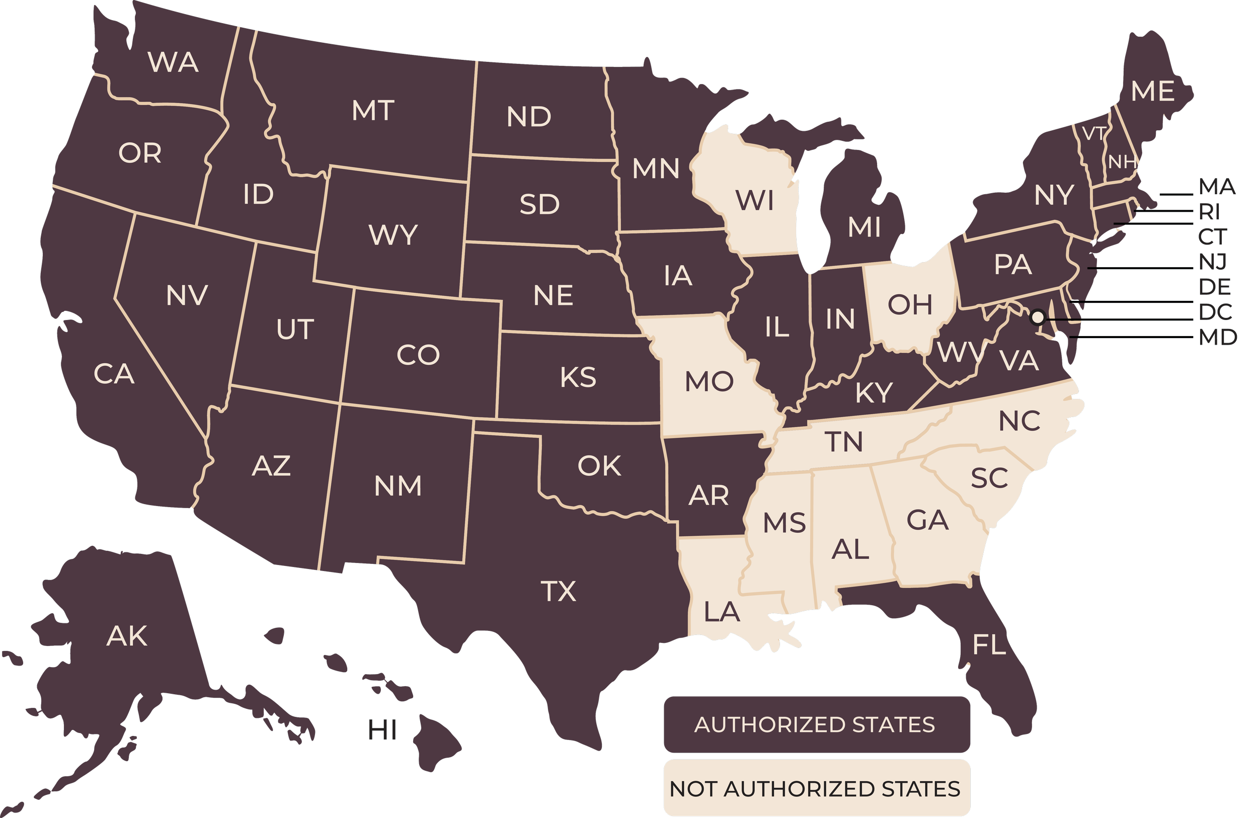 A map of the United States showing authorized states in dark purple, not authorized states in light purple, and Washington D.C. and other territories in white. The map includes the state abbreviations and the Atlantic coast with labels for several eastern states.