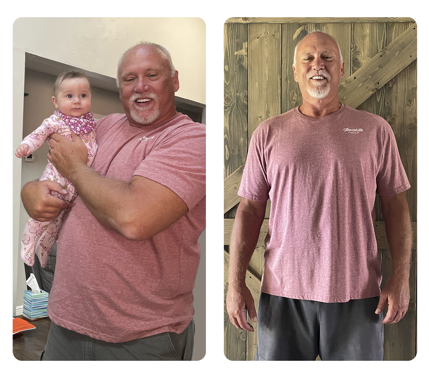Side-by-side comparison of a man before and after losing weight. In the first image, he is holding a baby girl and appears heavier. In the second image, he is standing alone, appearing slimmer, with a wooden wall background.