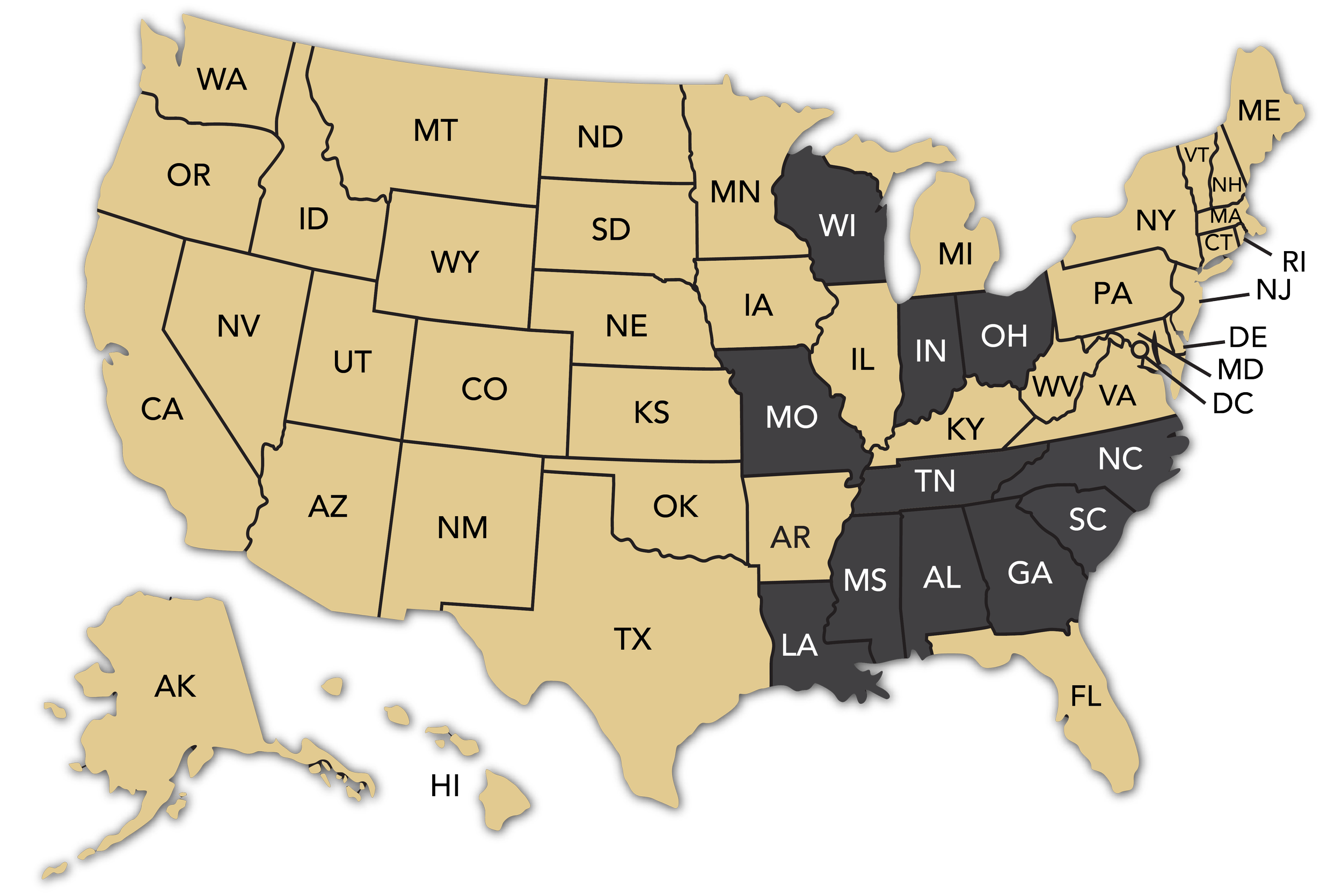 Map of the United States with states colored in beige and some states in gray, displaying state abbreviations.