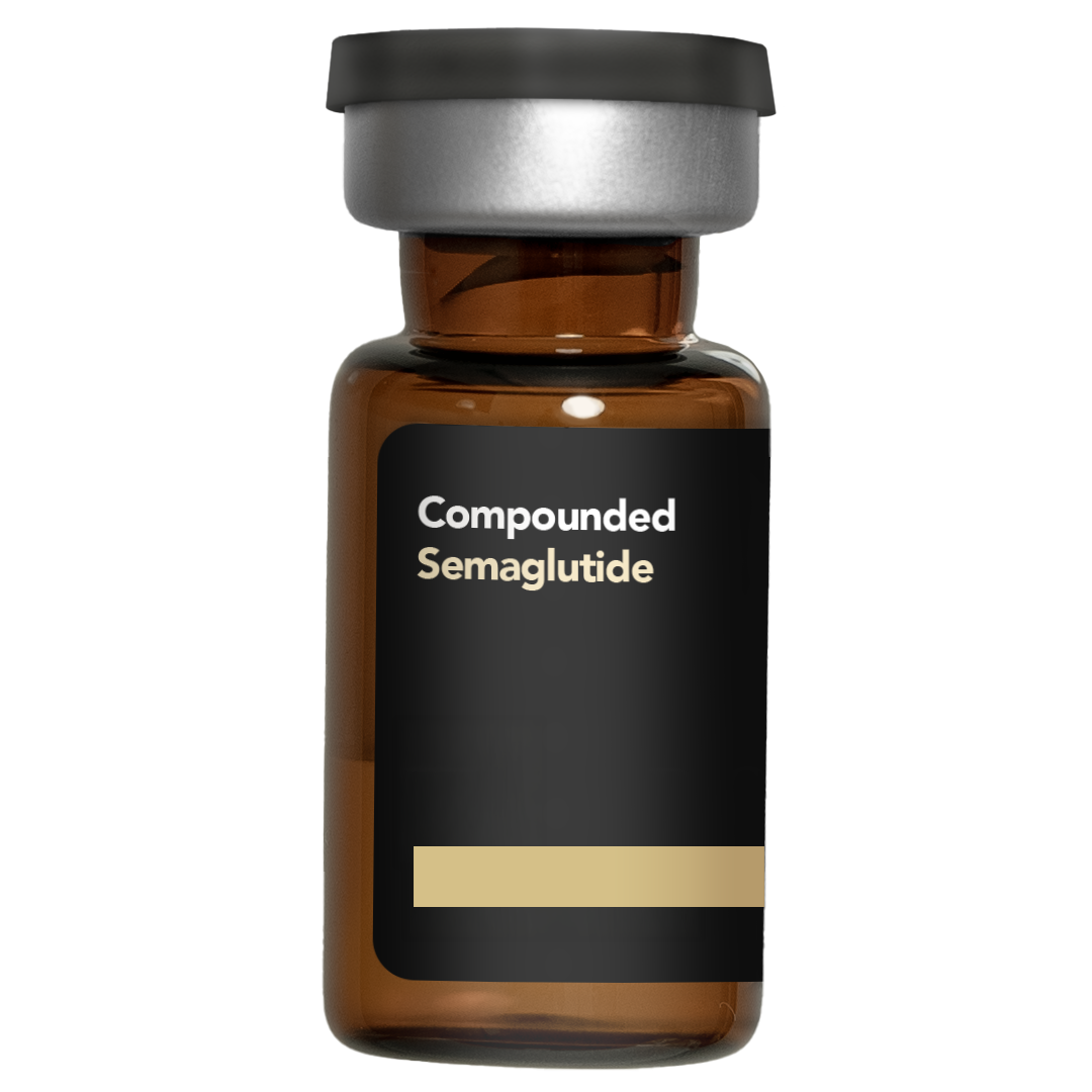 A brown glass bottle labeled 'Compounded Semaglutide' with a black and tan label and a black cap.