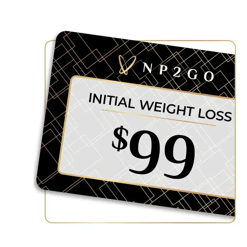 A digital sign showing an initial weight loss price of $99 for a program called NP2GO, with a black background and geometric gold and white lines.