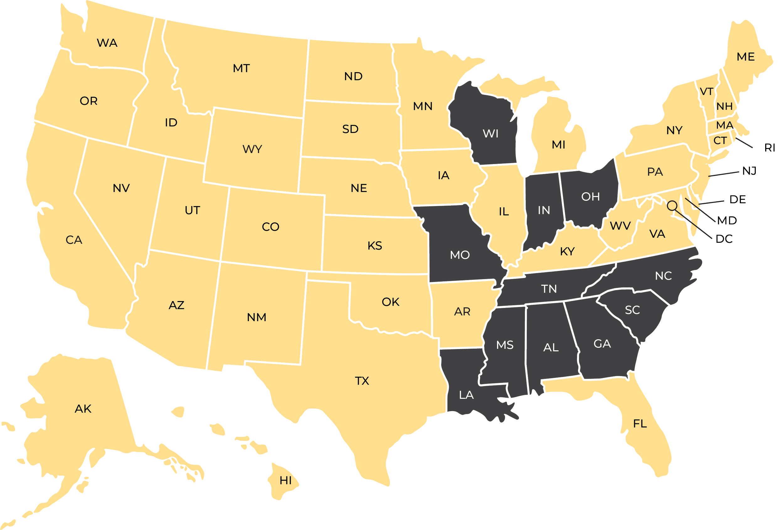Map of the United States with states colored in yellow and gray, displaying state abbreviations.