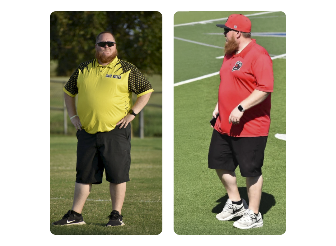 Two men standing on a football field. The man on the left is wearing a yellow and black shirt, black shorts, black sneakers, sunglasses, and a watch. The man on the right is wearing a red shirt, black shorts, gray sneakers, a red cap, and a smartwatc