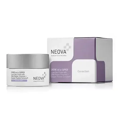 Neova skincare cream in a white jar with a purple and white box beside it.