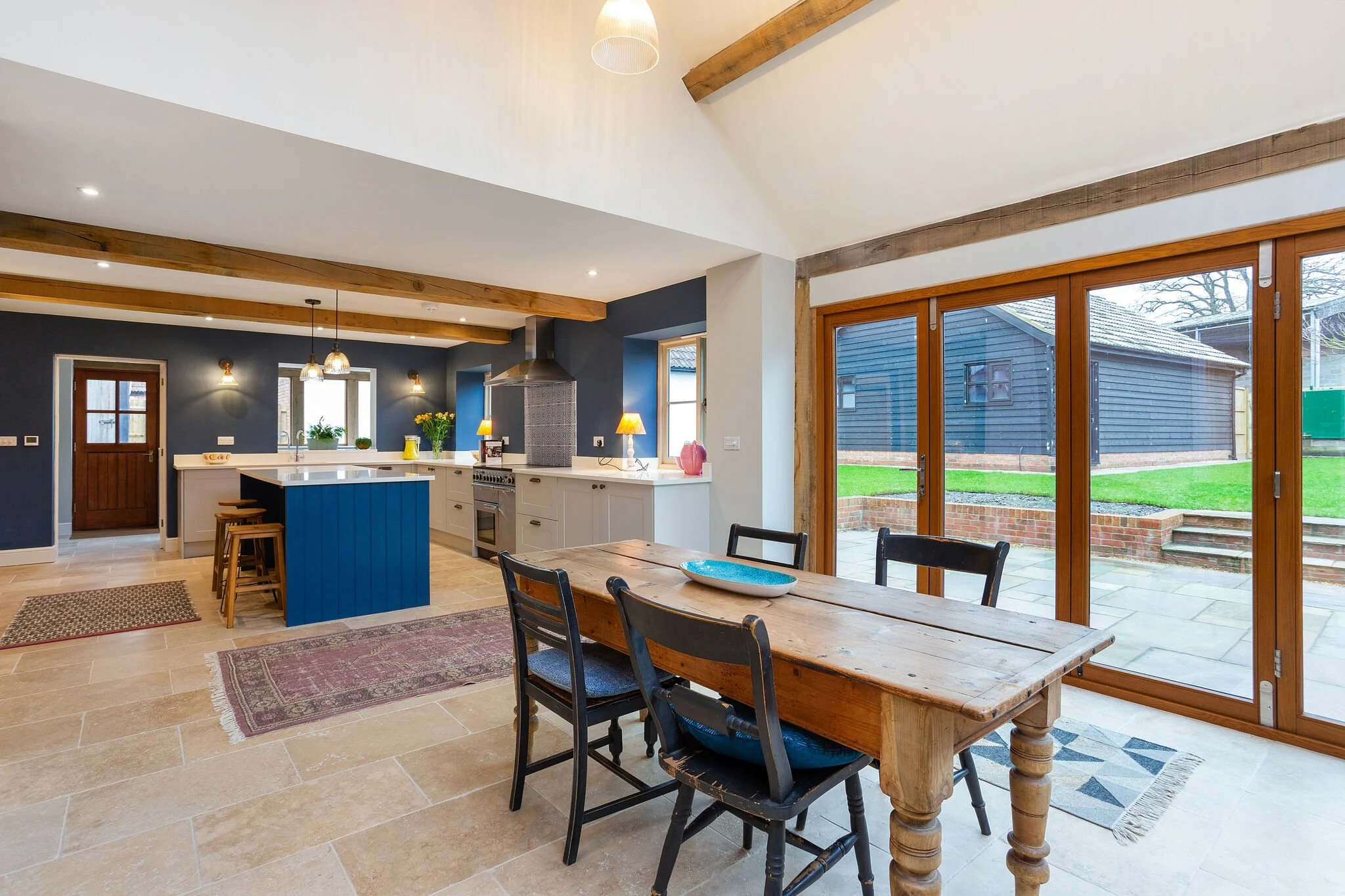 Open plan kitchen and dining area in extension to listed Georgian farmhouse 