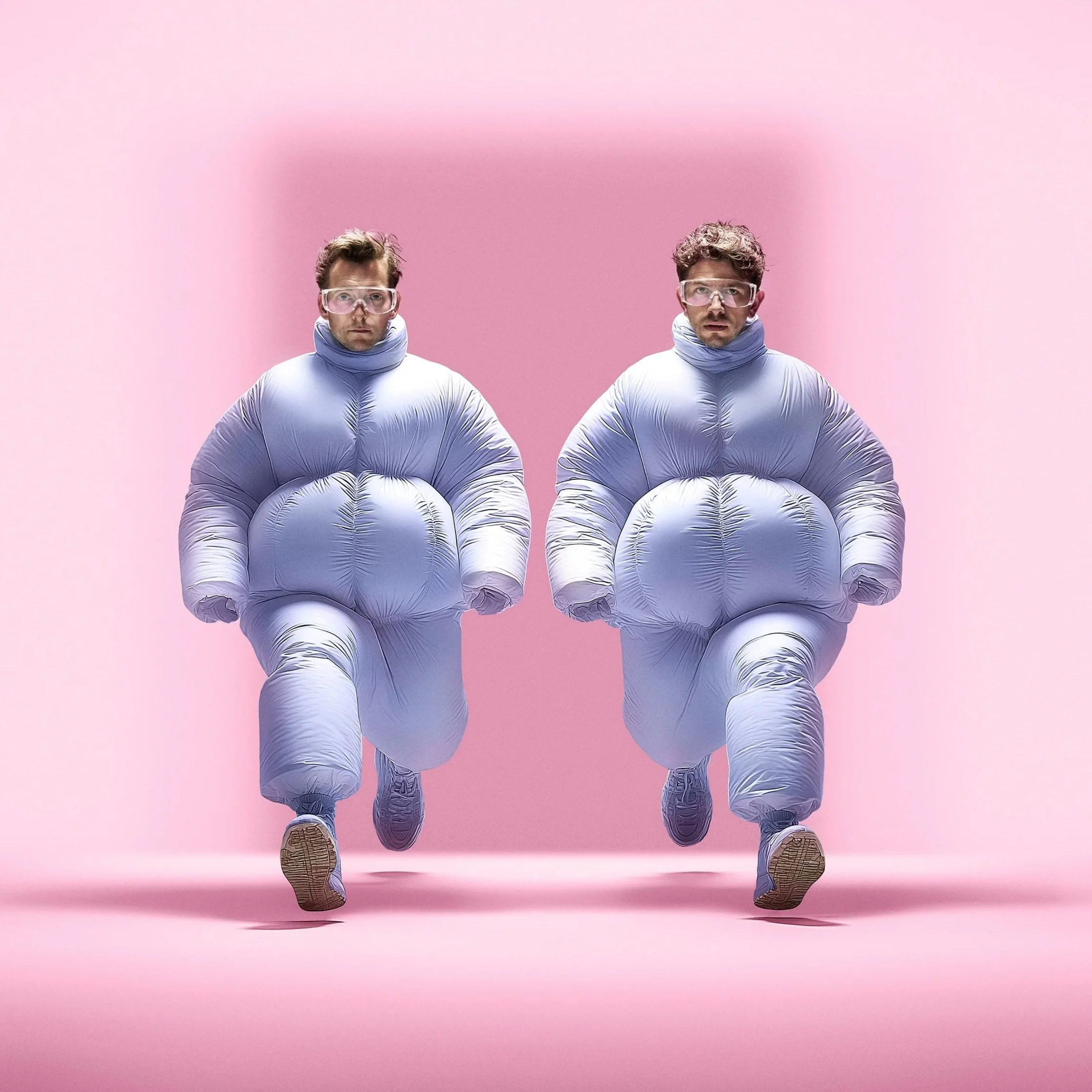 Two men in mirror-image inflated lavender winter suits with glasses, running against a pink background.