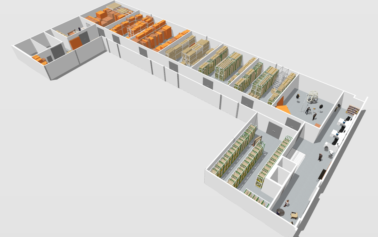 A large warehouse with shelves filled with boxes and supplies, some areas designated for inventory storage, cashier stations, and customer seating.
