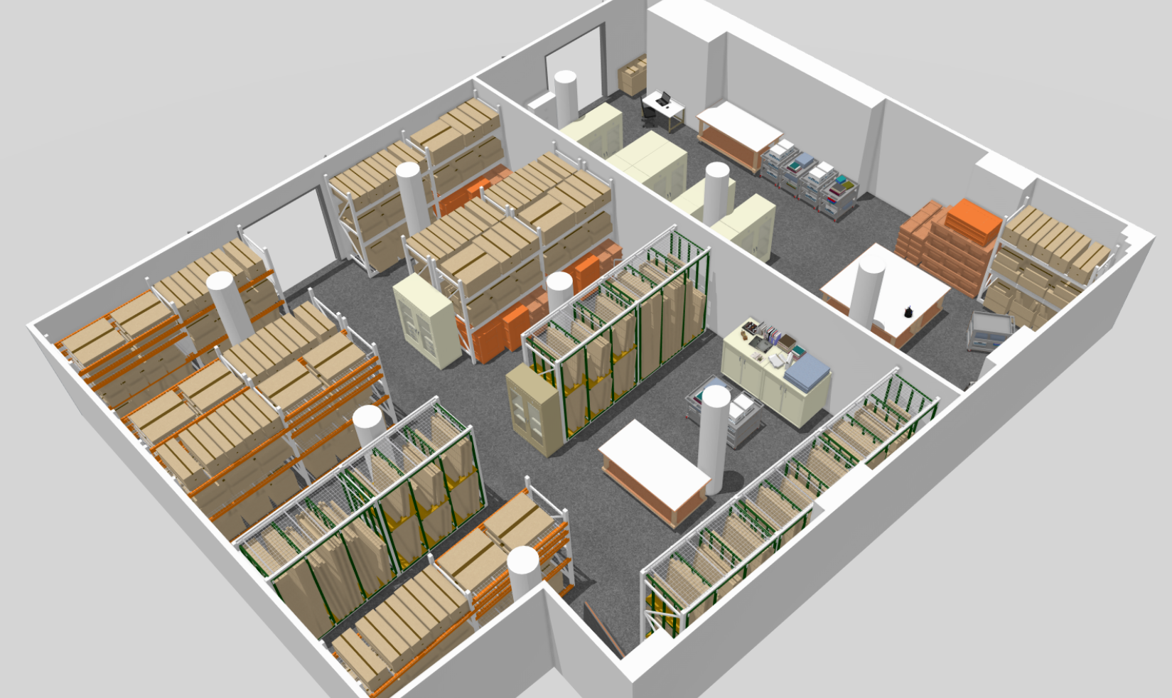 3D floor plan of a warehouse with storage shelves filled with boxes, workstations, and office area.