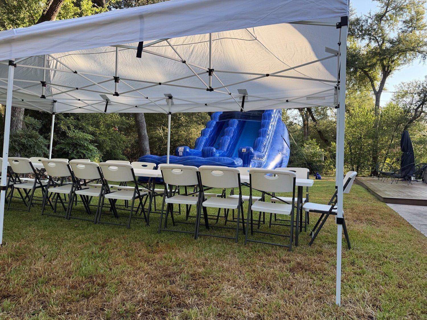 HCCR 10×20 tent, tables and chairs set up for a party in Leander, Texas.