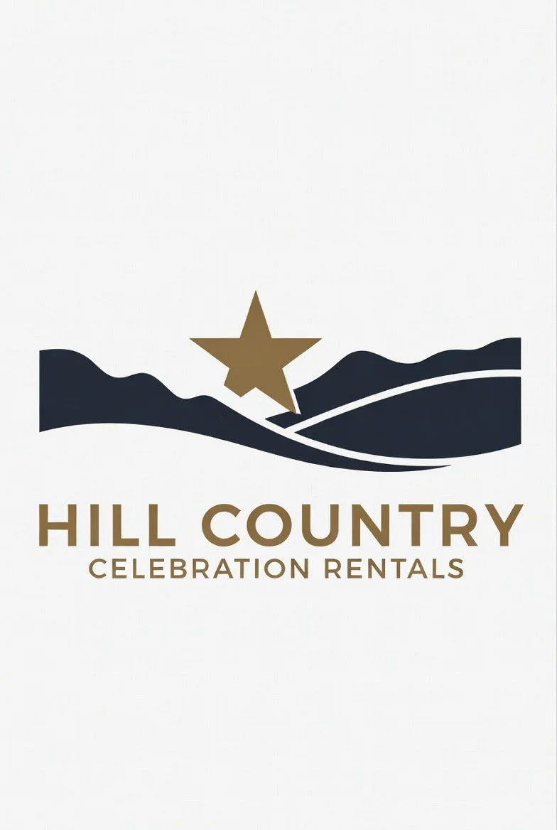Logo for Hill Country Celebration Rentals, featuring a star and stylized hills in navy and gold.