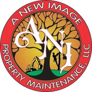 Logo for ANI Property Maintenance LLC featuring a tree with orange and yellow leaves, a climbing bucket, and a person on a ladder, encased in a red circle with white text.