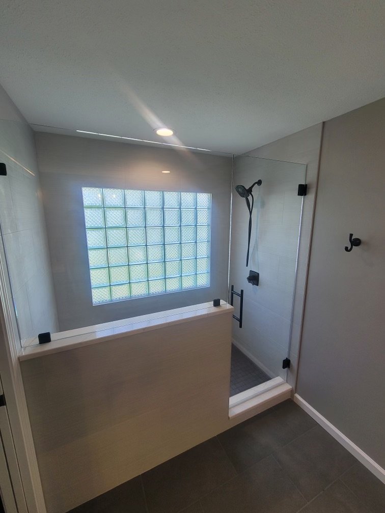 HM Remodeling bathroom remodel featuring glass block window in South Bend Indiana