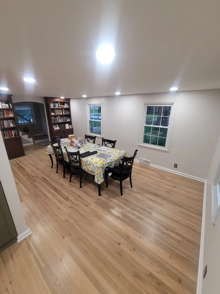 HM Remodeling dining room renovation with recessed lighting and hardwood floors in South Bend Indiana