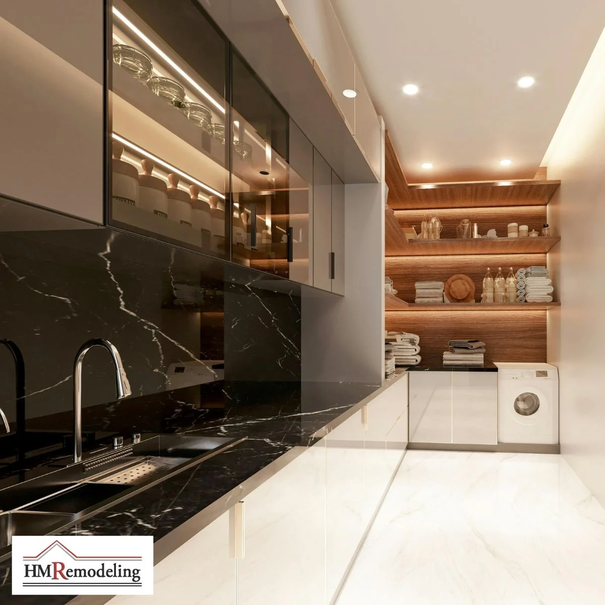 High-end kitchen remodel with black marble countertop and backsplash, LED-lit glass-front upper cabinets, chrome pull-down faucet, white marble tile floor, and adjacent wood shelving laundry area by HM Remodeling in South Bend, Indiana