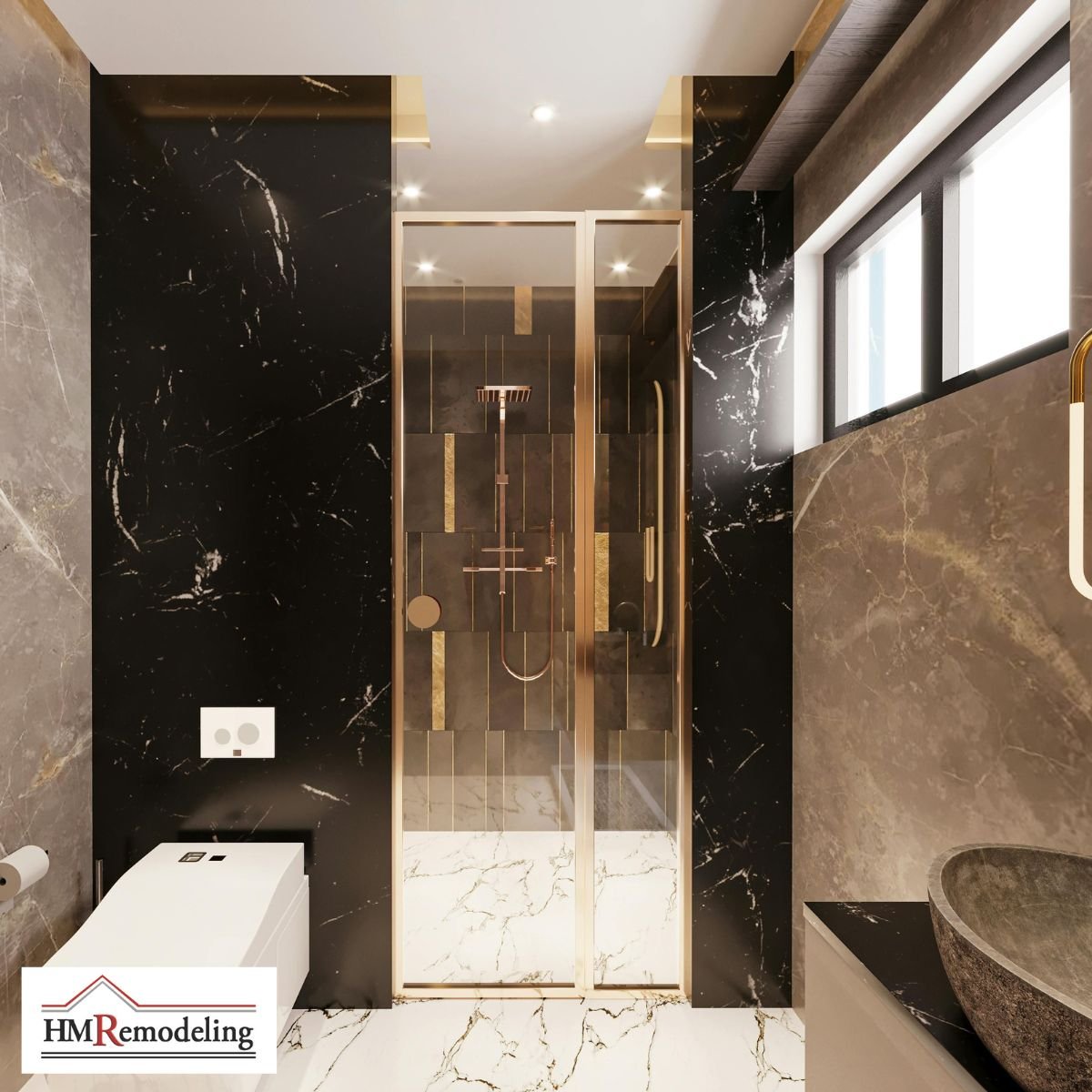 Luxury bathroom remodel with gold-framed glass walk-in shower, black marble tile surround, white marble floor, wall-mounted toilet, and stone vessel sink by HM Remodeling in South Bend, Indiana