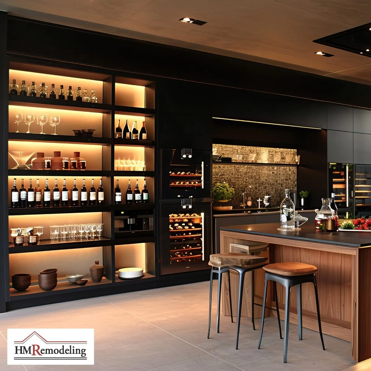 High-end kitchen remodel with floor-to-ceiling black built-in wine storage wall with LED shelving, integrated wine cooler, wood and dark countertop island, and bar stools by HM Remodeling in South Bend, Indiana
