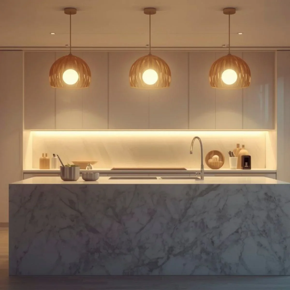 Modern kitchen lighting upgrade with three wood slat dome pendant lights over marble waterfall island, warm LED under-cabinet strip lighting, and white flat-front cabinetry by HM Remodeling in South Bend, Indiana