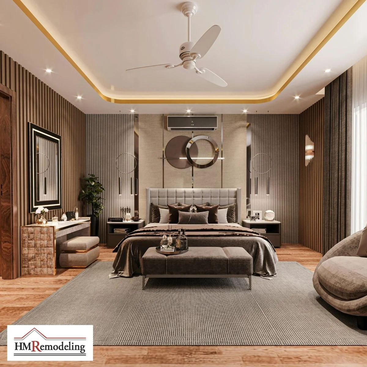 Luxury master bedroom remodel with gold LED cove lighting, vertical slat accent wall, tufted upholstered headboard, ceiling fan, wood flooring, and vanity area by HM Remodeling in South Bend, Indiana