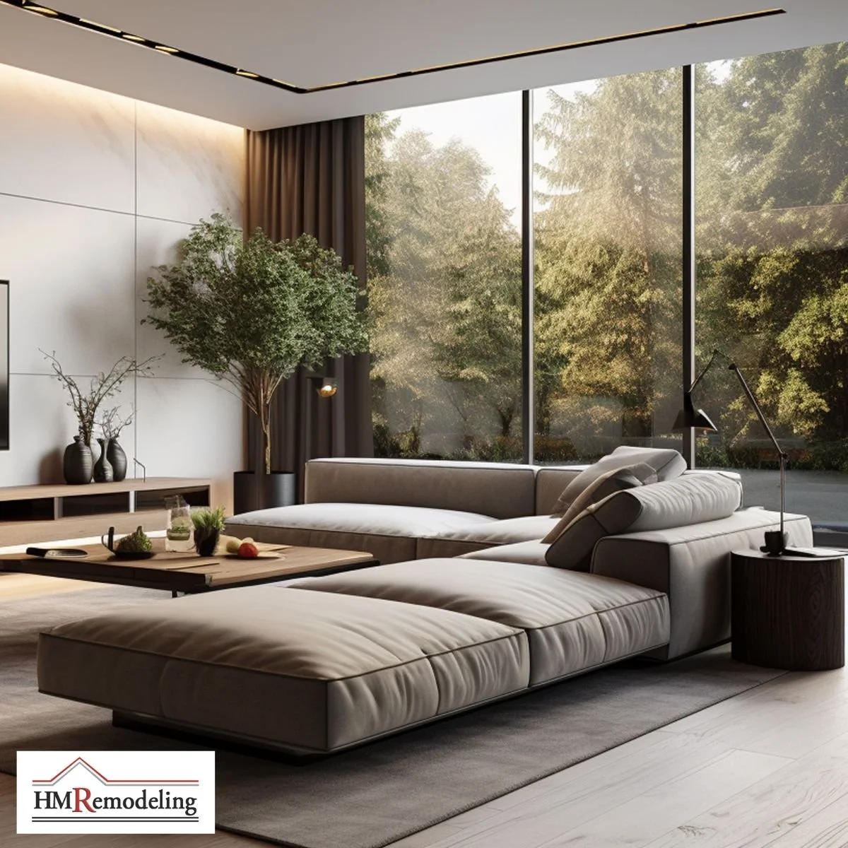 Modern living room remodel with floor-to-ceiling black-framed windows, low-profile sectional sofa, wood media console, linear ceiling track lighting, and spring garden view by HM Remodeling in South Bend, Indiana