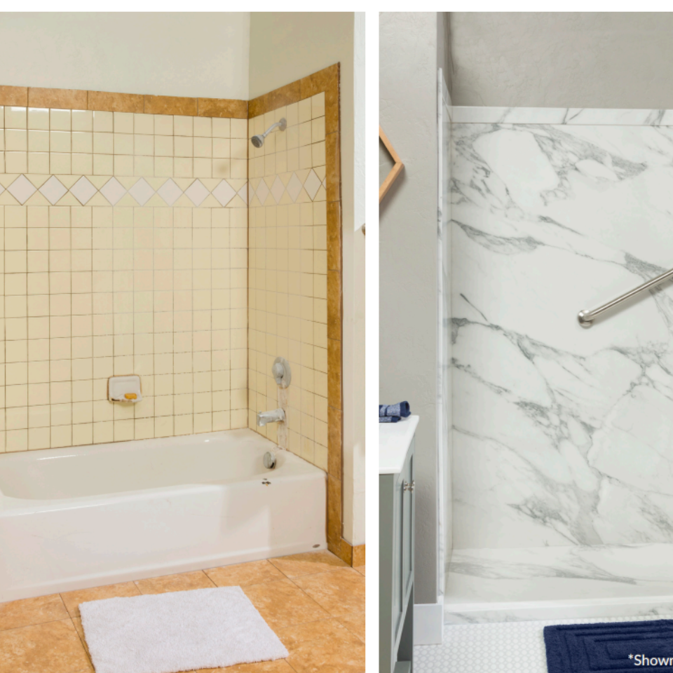 Before and after tub to shower conversion replacing outdated tile tub surround with Sentrel Calacatta White walk-in shower panels and grab bar, HM Remodeling South Bend Indiana