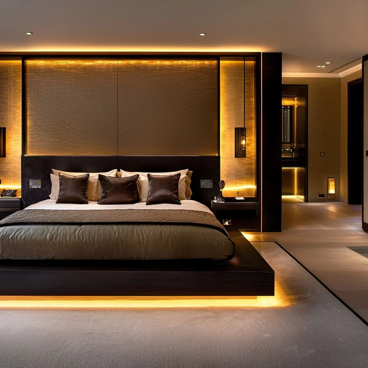 Luxury bedroom accent lighting remodel with LED under-bed and headboard cove lighting, backlit wall panels, recessed ceiling lights, dark platform bed frame, and open ensuite view by HM Remodeling in South Bend, Indiana