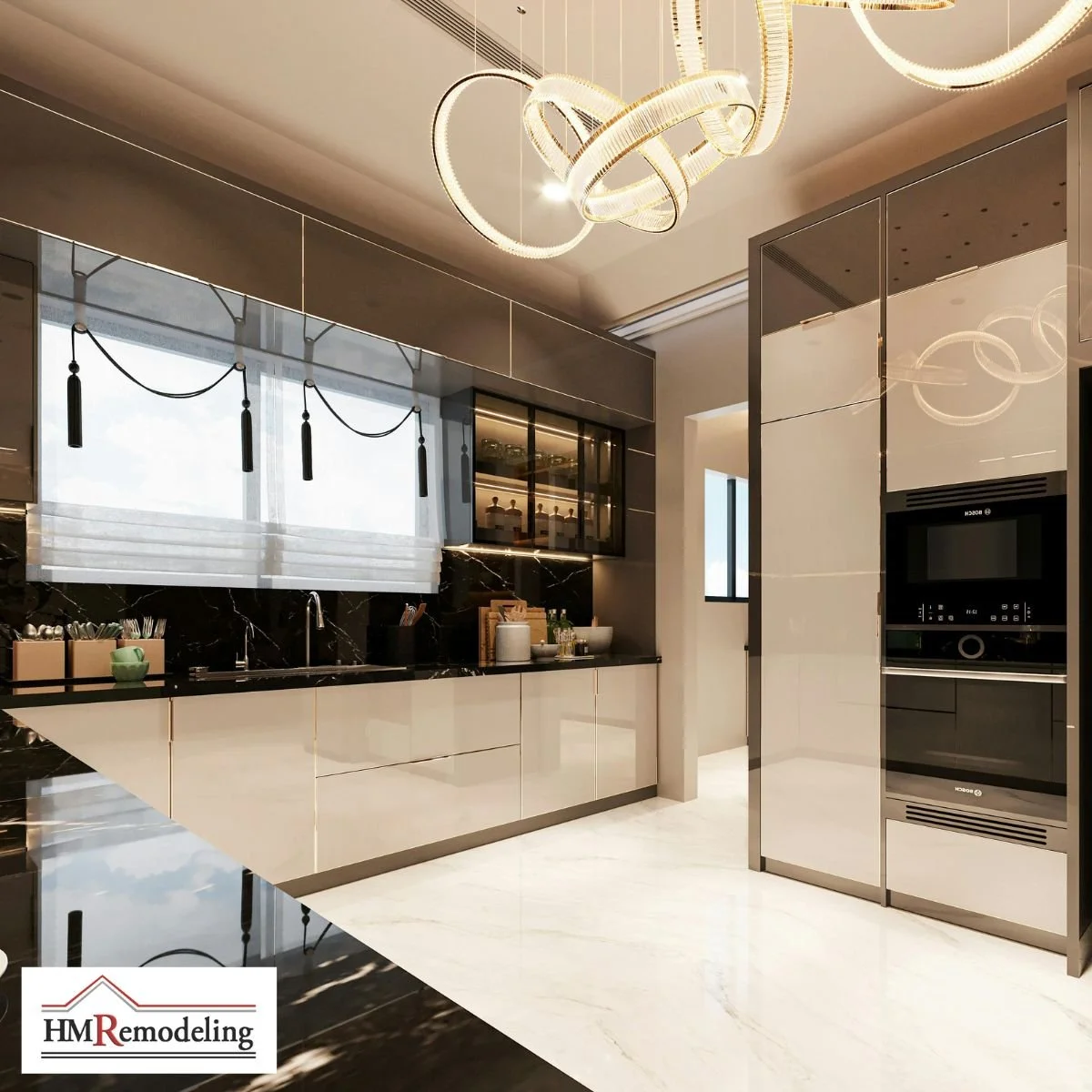 Luxury kitchen remodel with high-gloss cream flat-front cabinetry, black marble countertop and backsplash, built-in Bosch appliances, and sculptural ring chandelier by HM Remodeling in South Bend, Indiana