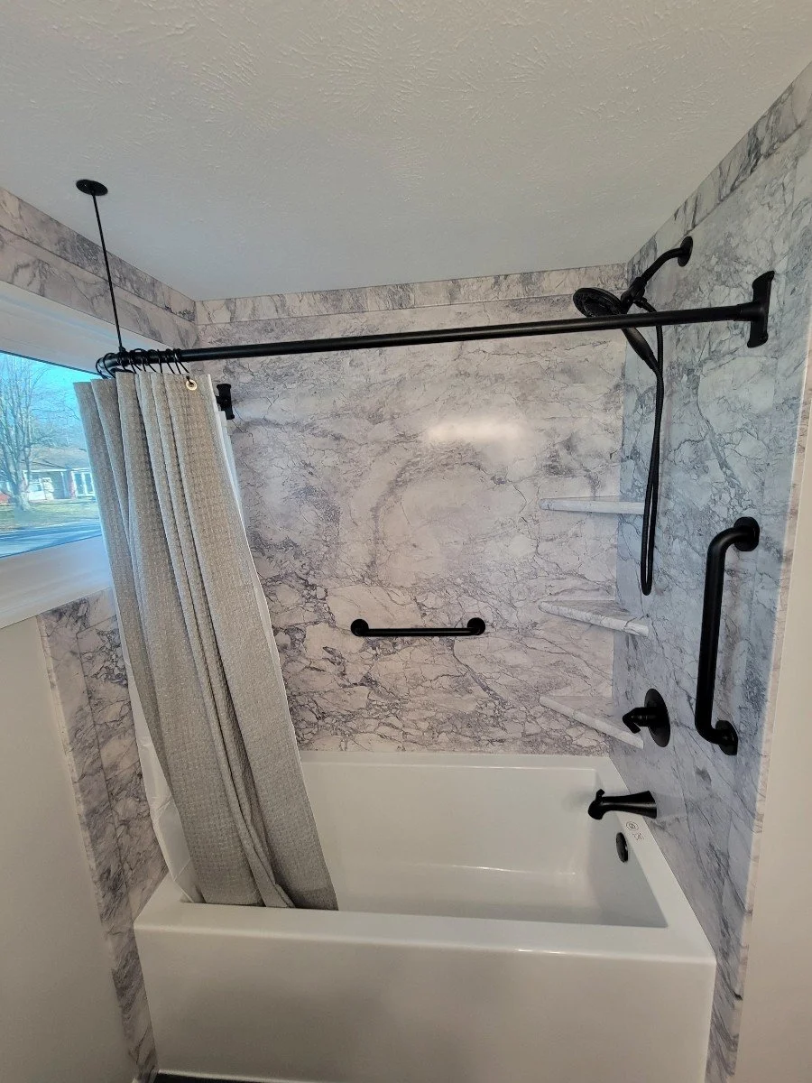 HM Remodeling marble look acrylic shower surround installation in South Bend Indiana