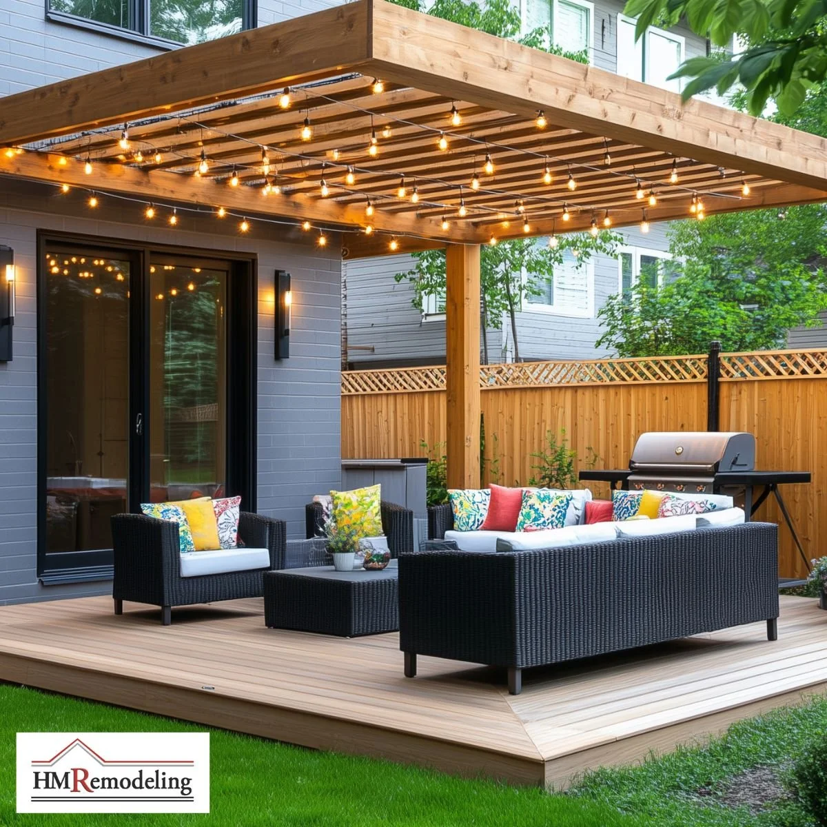 Backyard outdoor living deck with wood pergola, Edison string lights, black wicker sectional seating, colorful throw pillows, gas grill, cedar privacy fence, and lawn by HM Remodeling in South Bend, Indiana