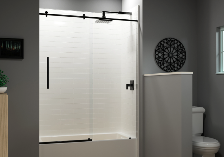 Completed bathroom remodel in South Bend Indiana by HM Remodeling featuring a freestanding soaking tub, walk-in glass shower with white subway tile, dark navy double vanity with marble countertop, gold fixtures, round mirrors, and hexagon tile floori