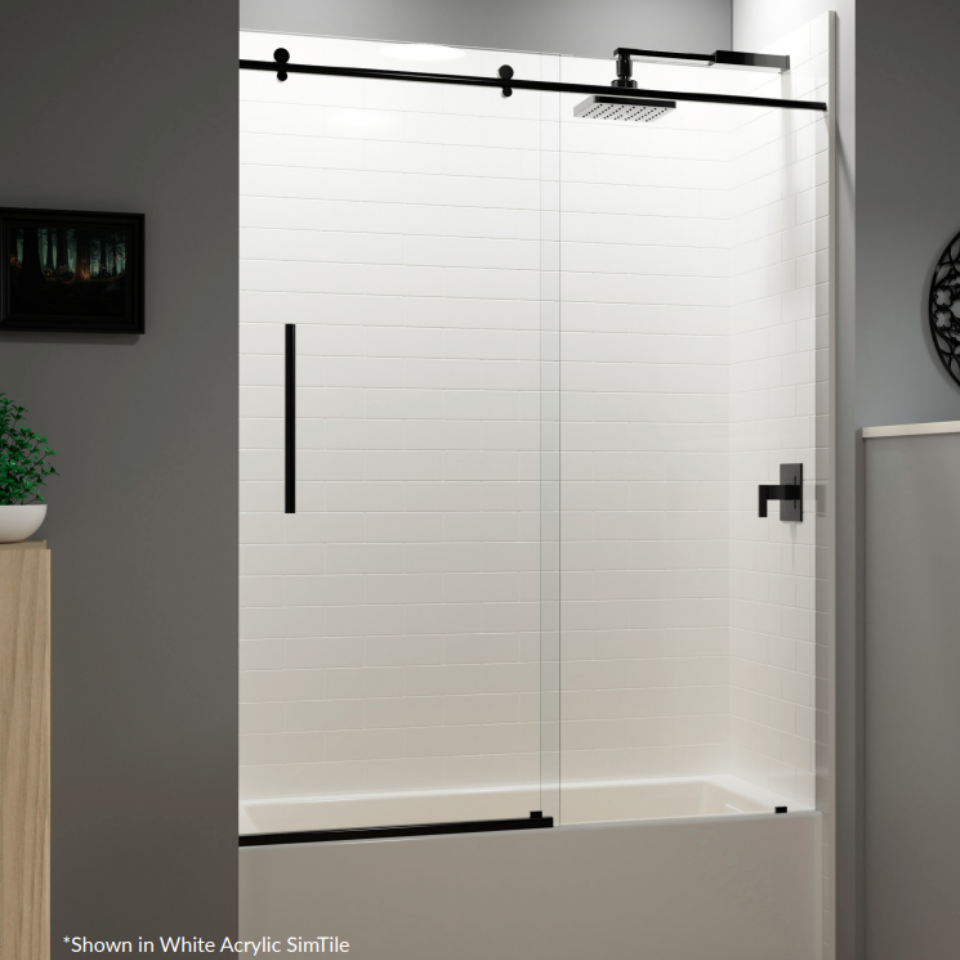 Sentrel acrylic tub surround bath replacement with sliding frameless glass door and SimTile wall panels, HM Remodeling South Bend Indiana