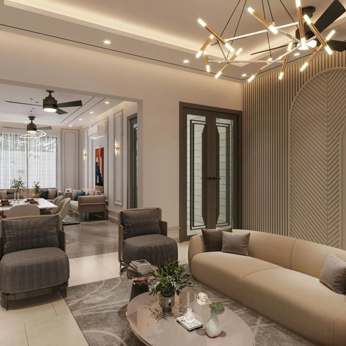 Modern living room lighting remodel with recessed ceiling lights, gold multi-arm statement chandelier, cove lighting, ceiling fans, textured accent wall, and open floor plan by HM Remodeling in South Bend, Indiana