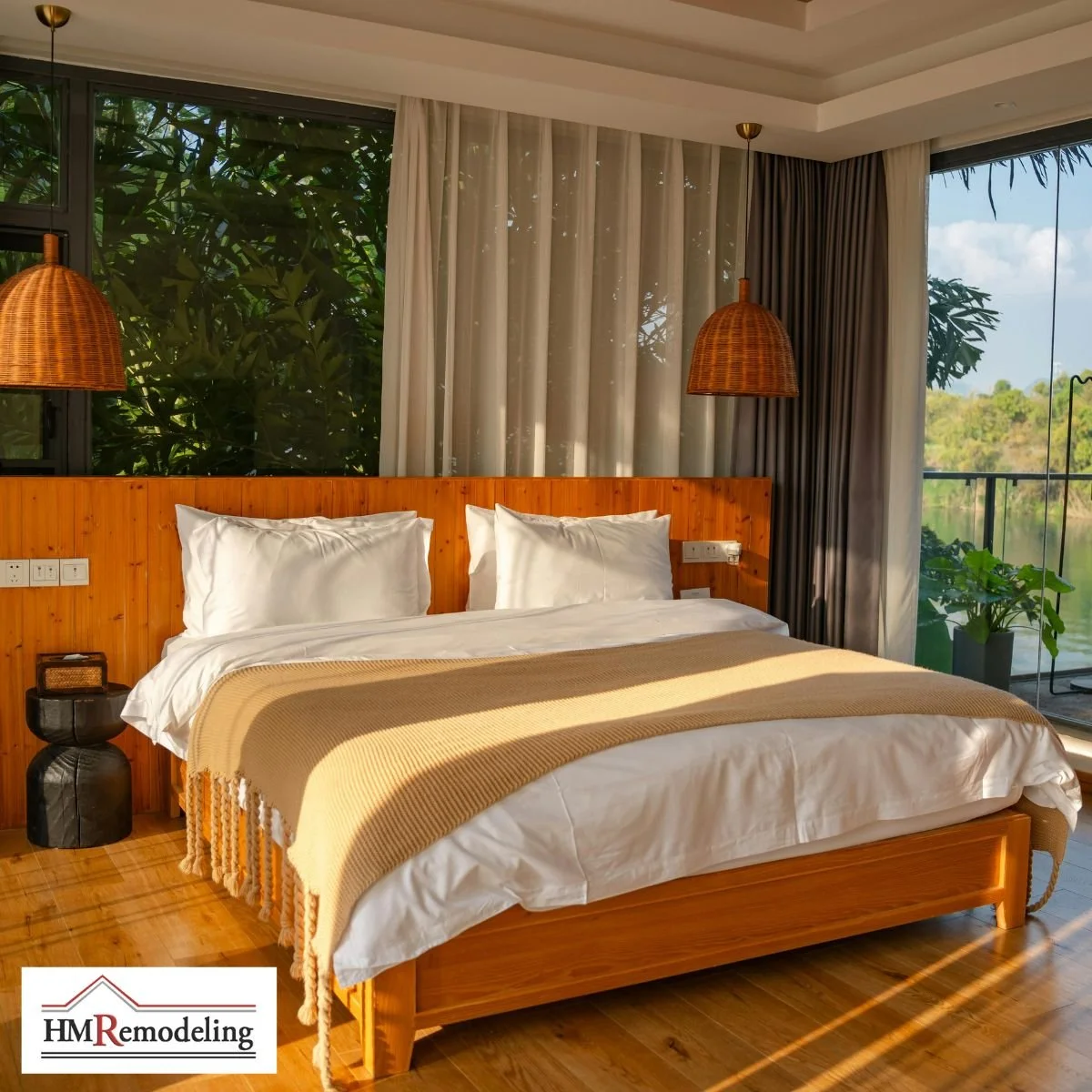 Bedroom remodel with engineered hardwood flooring, natural wood wall panel headboard, black-framed floor-to-ceiling windows, wicker pendant lights, sheer curtains, and garden view by HM Remodeling in South Bend, Indiana