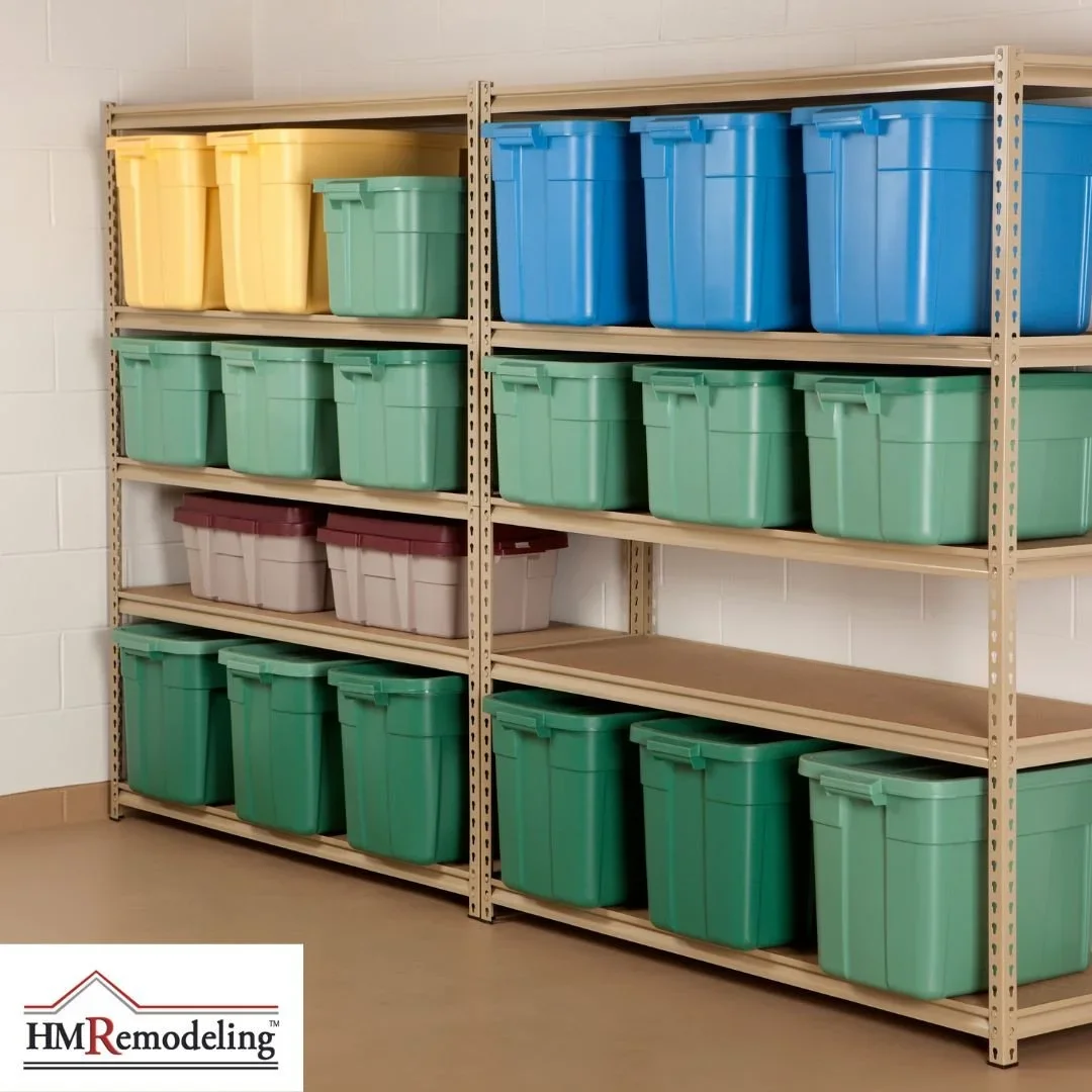 Alt Text: "Basement storage shelving installation with heavy-duty metal racks and color-coded plastic storage totes against painted concrete block wall by HM Remodeling in South Bend, Indiana