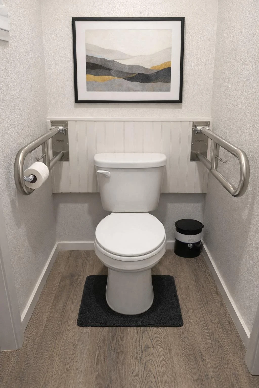 Accessible bathroom with toilet, grab bars on both sides, a framed mountain landscape picture above, a small black trash can, and a toilet paper roll on the left grab bar.