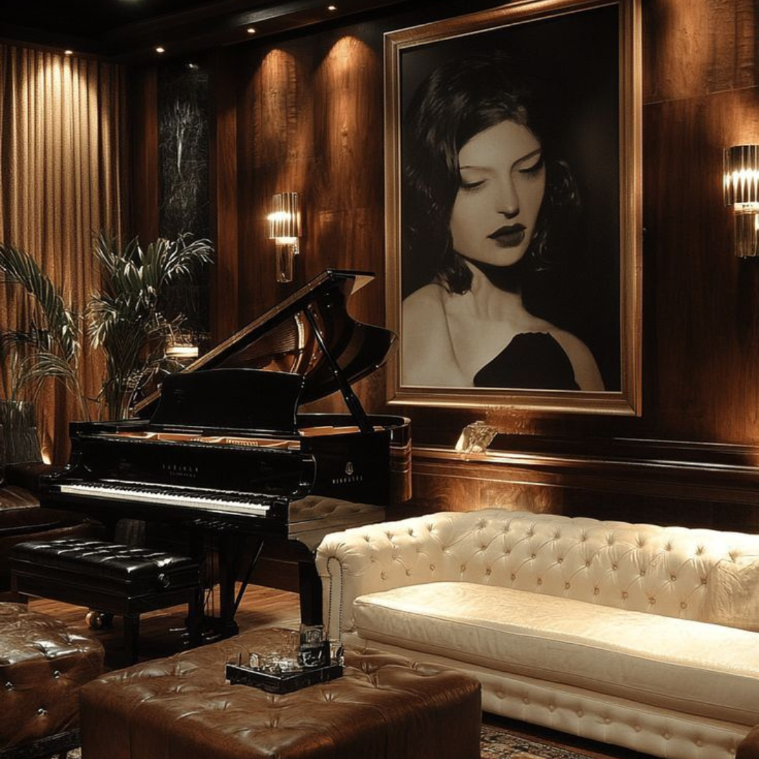 Luxurious living room with a grand black Steinway piano, a white tufted sofa, brown leather ottomans, a large black-and-white portrait of a woman with dark hair, and warm wood-paneled walls with modern wall sconces and tropical plants.