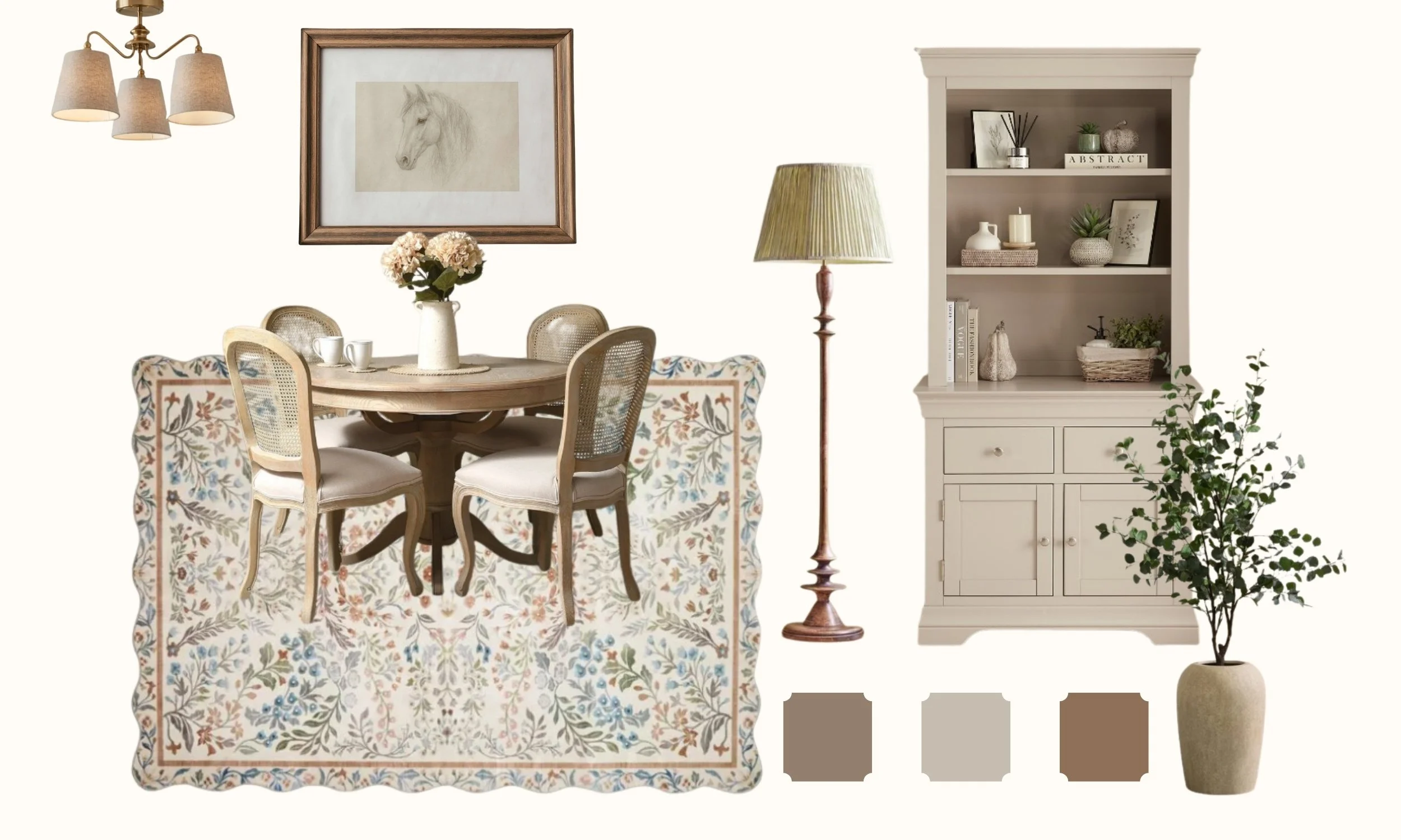 A cozy dining room with a round wooden table, four upholstered chairs, a vase of pink flowers, a floral-patterned rug, a wall-mounted chandelier, a wall art of a horse, a tall standing lamp with a beige shade, a white bookshelf with decorative objects and books, and a potted plant in a beige vase.