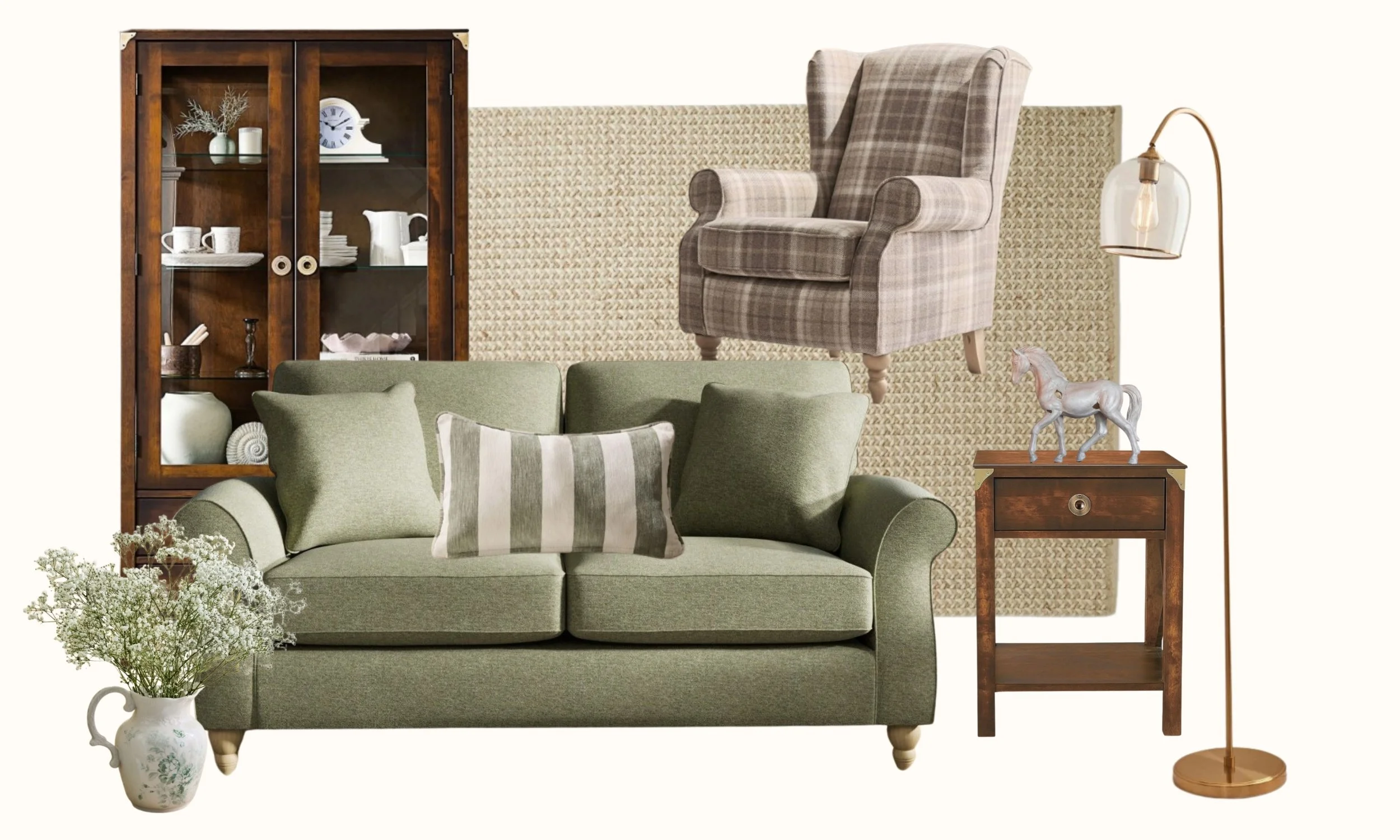 Living room with green sofa, plaid armchair, wooden cabinet with glass door, small wooden side table with a horse figurine, tall floor lamp with glass shade, and a decorative vase with flowers