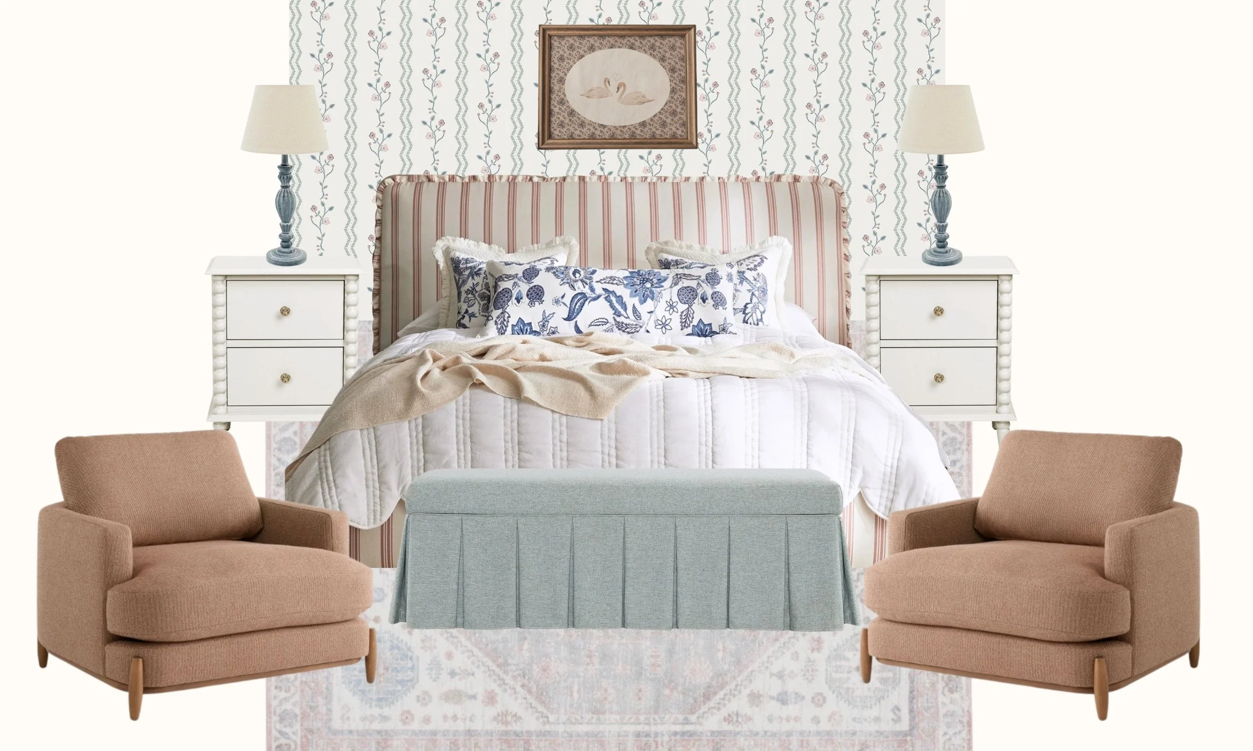 A bedroom with a bed featuring a pink-striped headboard, decorated with blue and white floral pillows, topped with a beige blanket. Flanked by white nightstands with lamps, and a framed picture of swans hangs above. Two pink armchairs are positioned in front of the bed, and a light blue bench is at the foot of the bed, all on a patterned area rug.