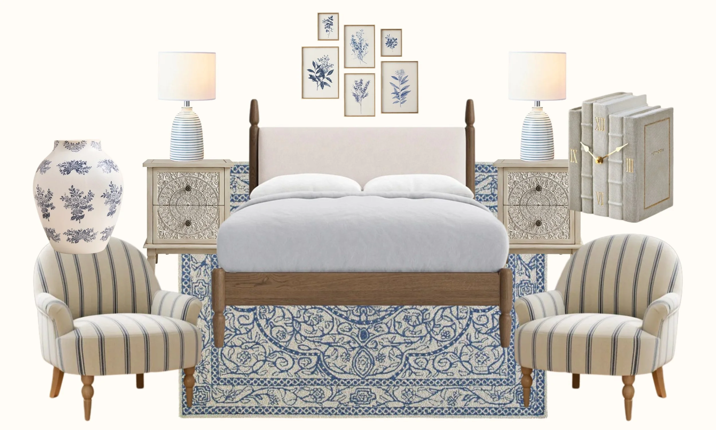 Cozy bedroom with a white bed, two matching striped armchairs, white bedside tables with intricate designs, blue and white decorative vases, two table lamps, framed botanical prints on the wall, and a light-colored clock-shaped stack of books.
