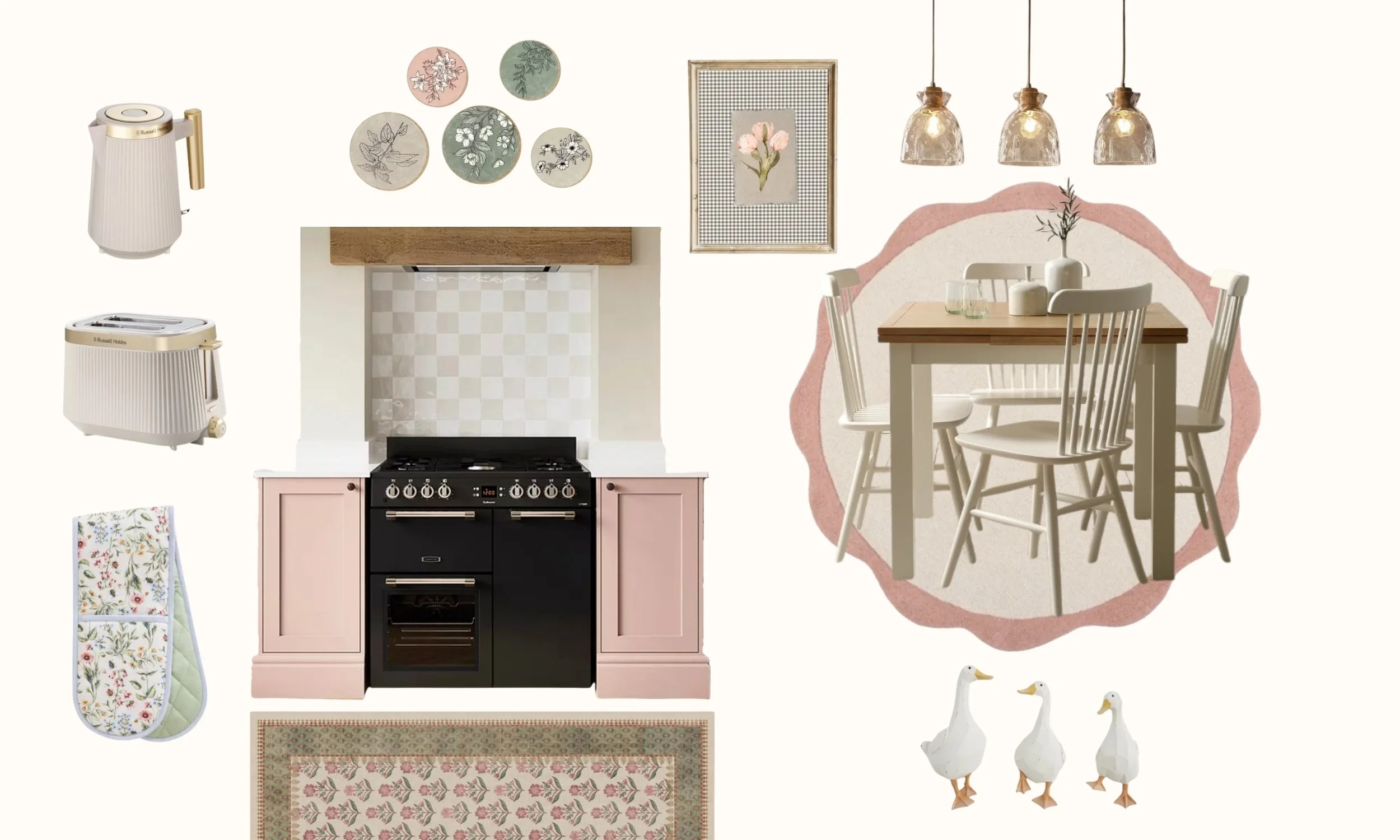 Kitchen with black stove, pink cabinets, white backsplash, surrounded by round and floral wall art, on a cream and pink rug, with a dining table and four white chairs, pendant lights, and decorative items including gorillas and a quilt.
