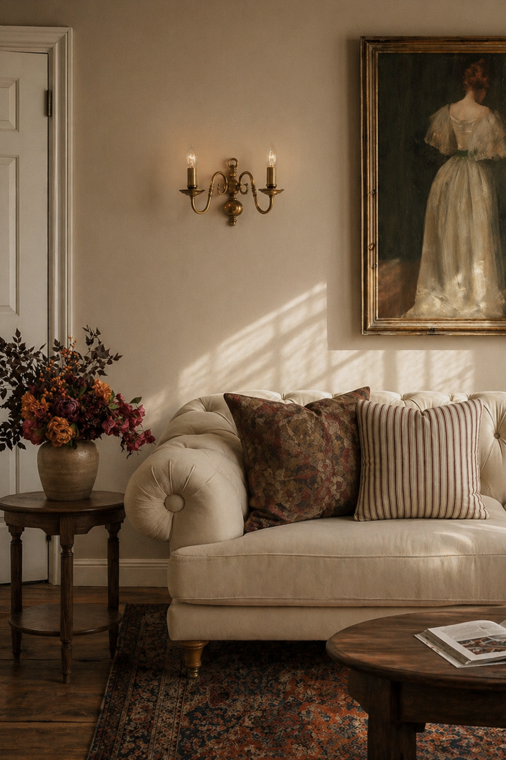 Elegant traditional living room with tufted cream sofa, vintage portrait artwork, brass wall sconce, and warm neutral decor