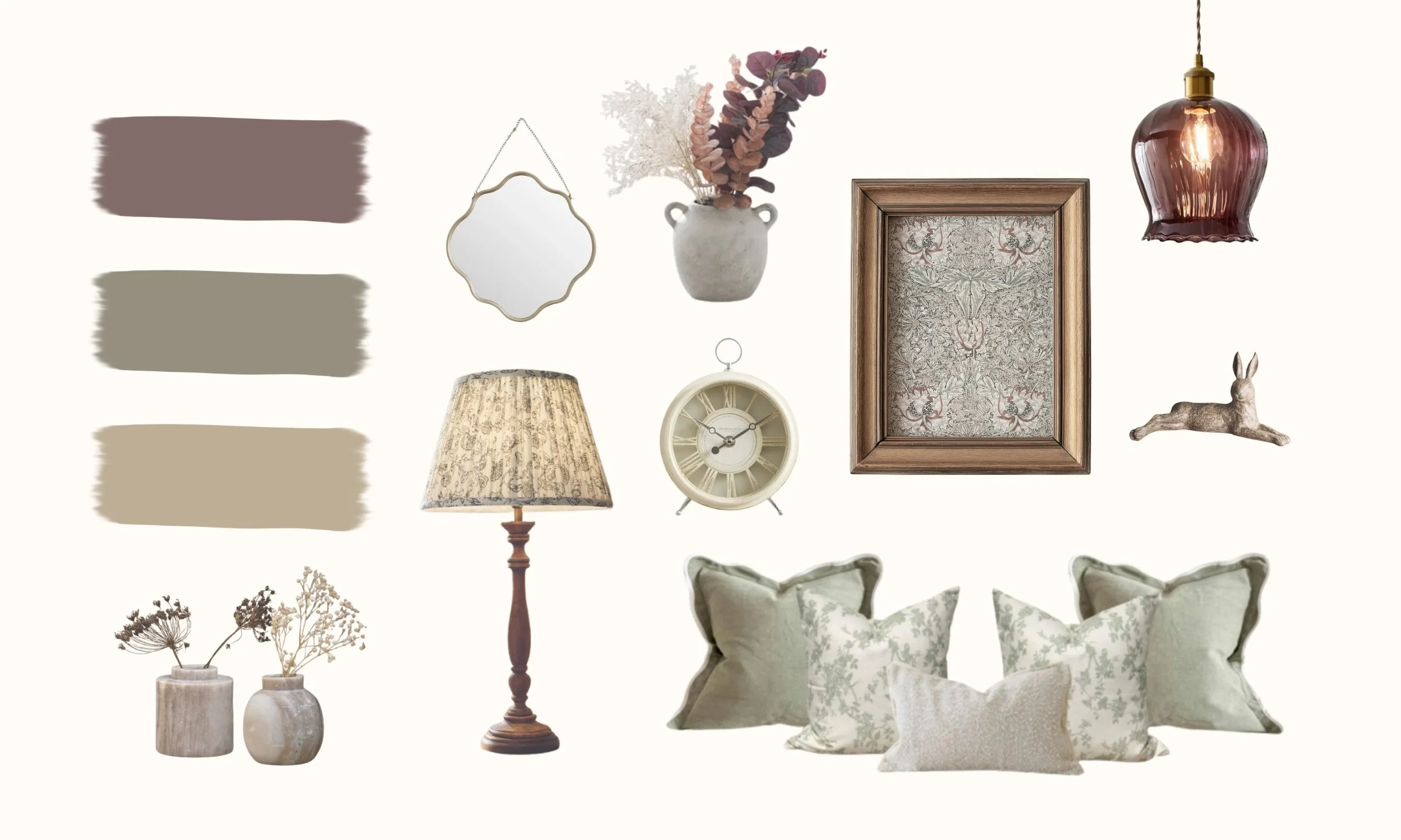 A collection of decor items including a mirror, a vase with dried flowers, a framed textile art piece, a hanging pendant light, a table lamp, a clock, a plush cushion set, and decorative vases with dried flowers.