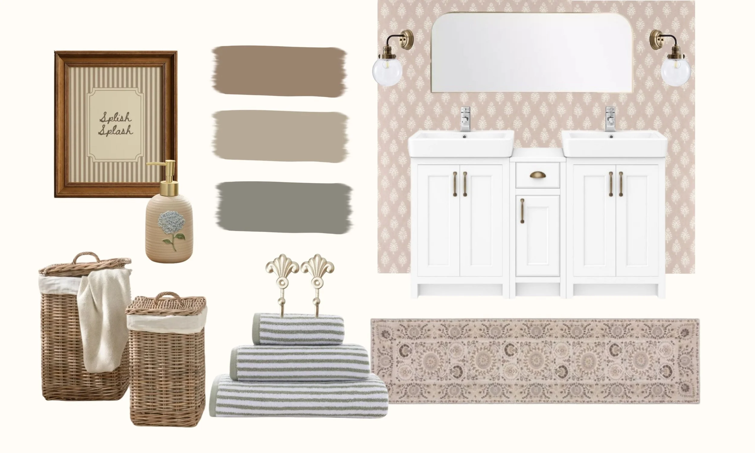 A bathroom with a white double sink vanity, large mirror, wall-mounted light fixtures, pink patterned wallpaper, and beige patterned rug. Decor includes framed art, wicker baskets, a soap dispenser, and striped towels.