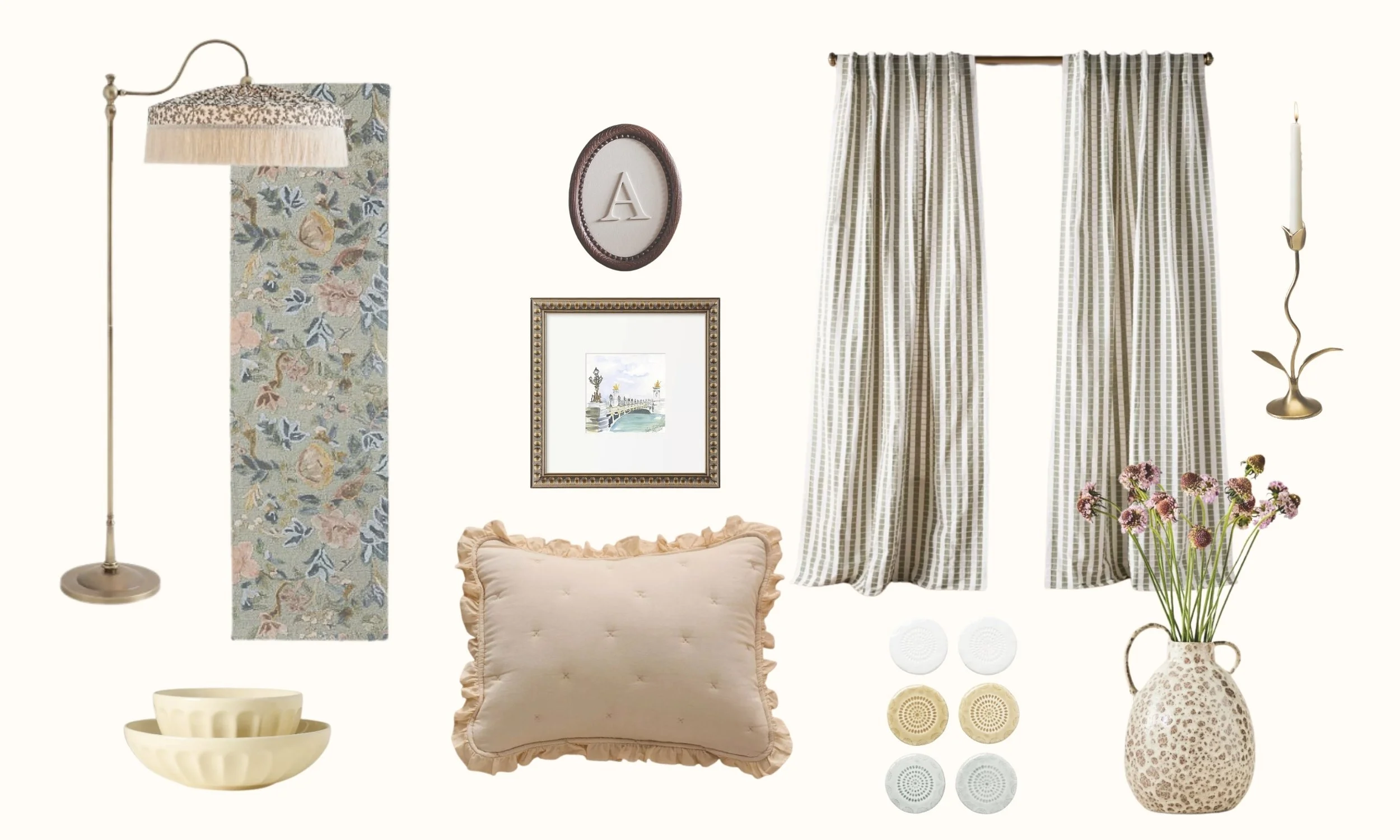 Decorative interior with floral and striped curtains, framed artwork, wall mirror, table lamp, decorative pillow, ceramic bowls, patterned vase with flowers, and small decorative plates.