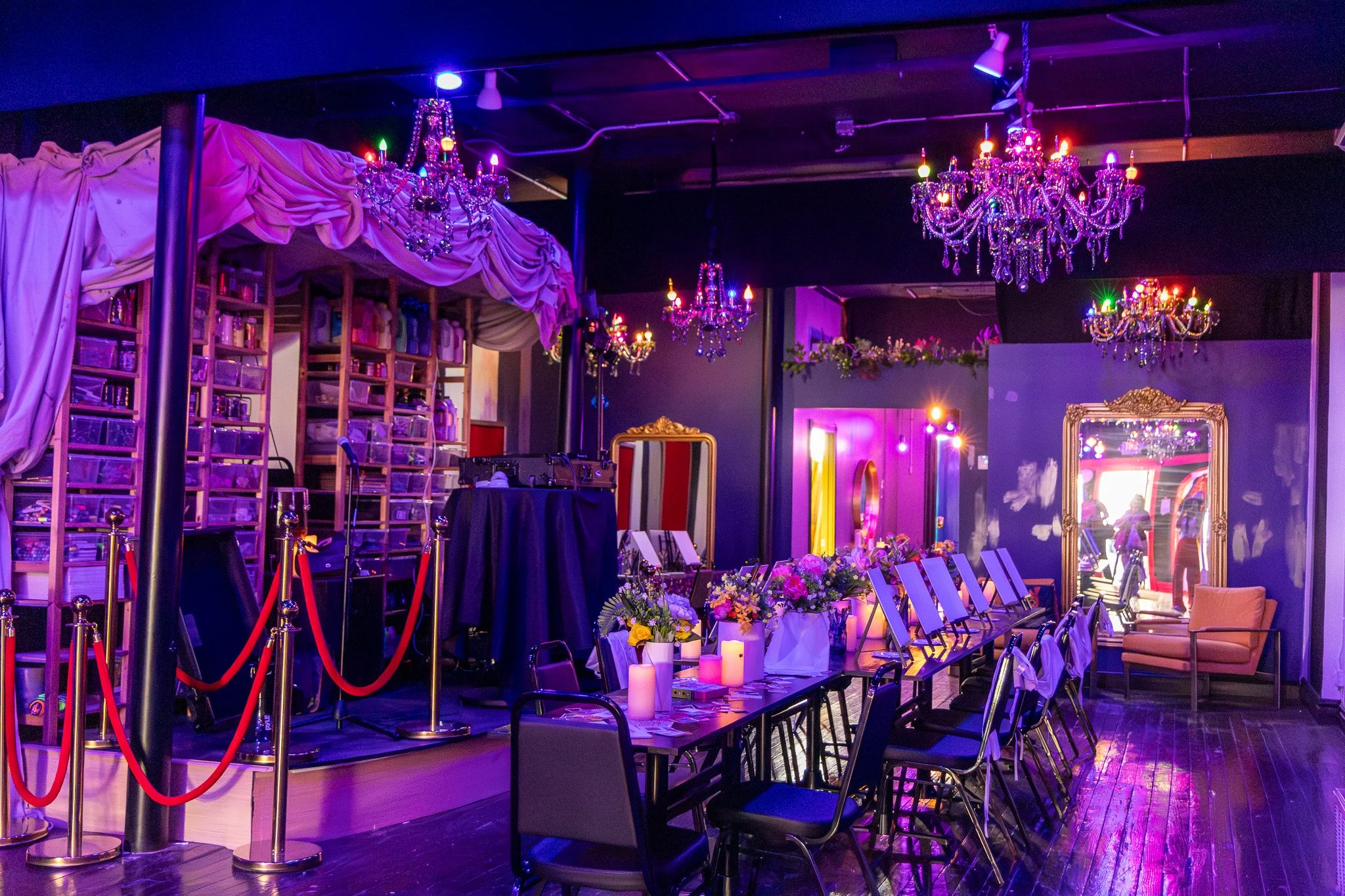 Colorful private event space at RUCKUS in Cincinnati available for birthdays, corporate team building, celebrations, workshops, networking events, classes, and creative community gatherings.