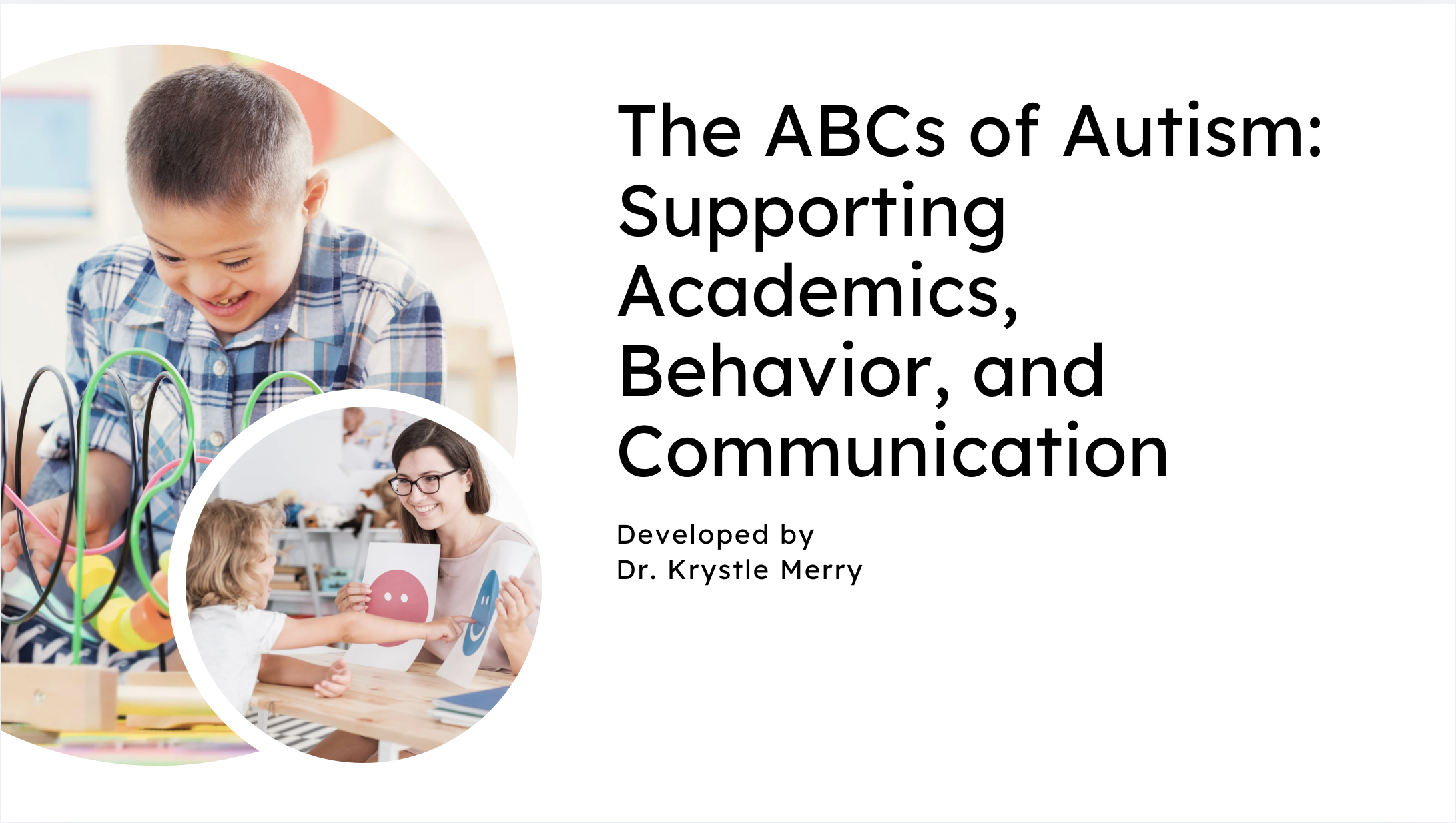 Cover page of a presentation titled 'The ABCs of Autism: Supporting Academics, Behavior, and Communication,' featuring two images: a young boy playing with educational toys and a woman teaching a child with autism.
