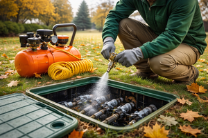 A person cleaning or repairing sprinkler heads in an outdoor sprinkler system in a grassy yard with fallen autumn leaves.