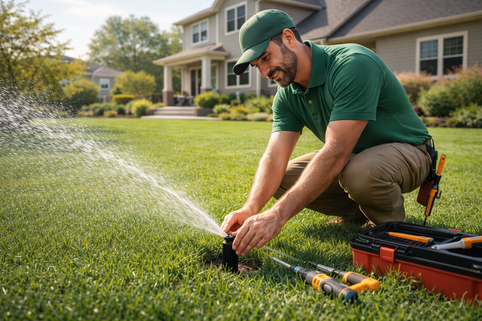 A man kneeling on a lawn, adjusting a sprinkler to water the grass in front of a house with a porch. He is wearing a green cap and polo shirt, with tools and a toolbox nearby.